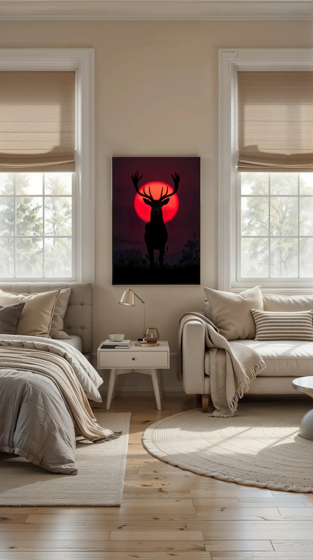 Deer silhouette wall art with dramatic red sun background, available as a 300 DPI PNG digital print in multiple sizes.  