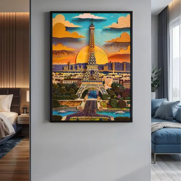 Eiffel Tower sunset cityscape – romantic Paris digital print for living room, bedroom, or office décor.