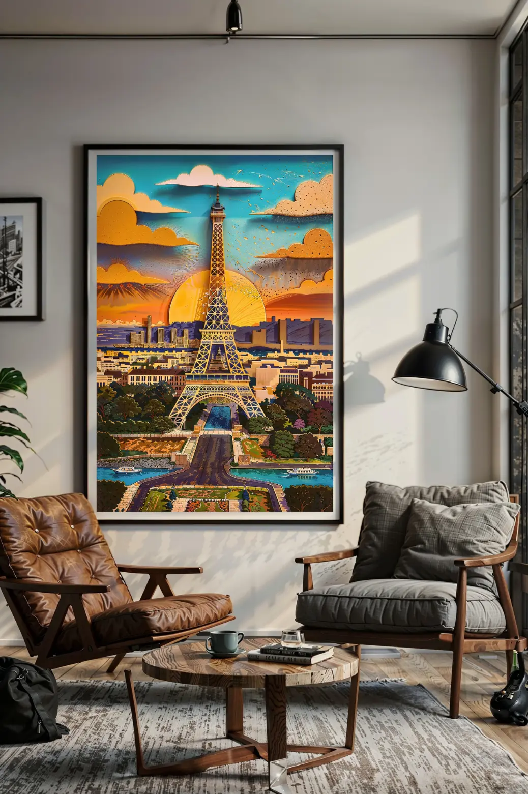 Paris Eiffel Tower illustration at sunset – colorful digital wall art for home décor and travel lovers.