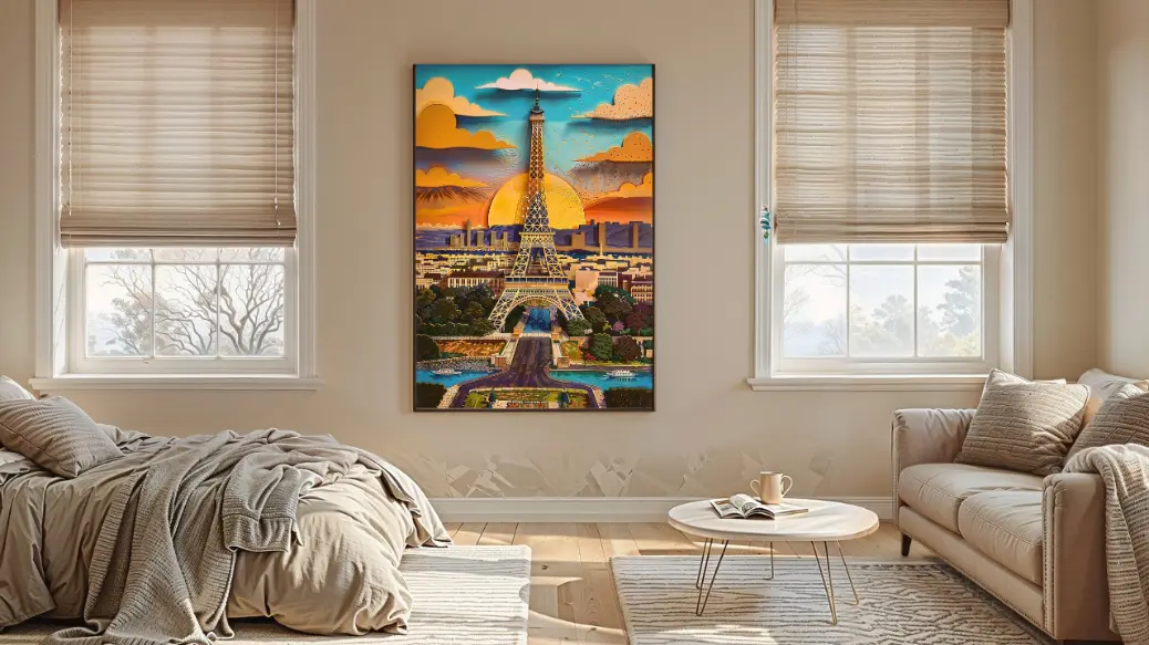 Paris skyline digital artwork – Eiffel Tower at dusk with radiant sunset colors, instant download.