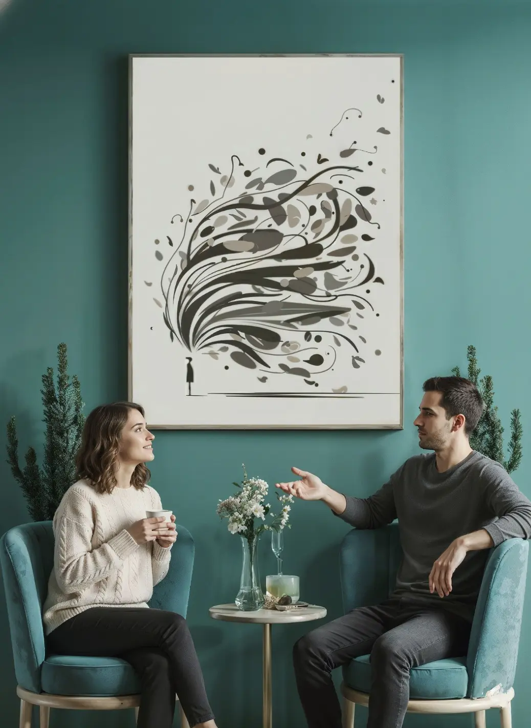 A full view of the &#34;Expansive Thoughts&#34; digital art print, showing a minimalist silhouette and a large, abstract plume of organic shapes in neutral tones of black, taupe, and gray, set on a light background.