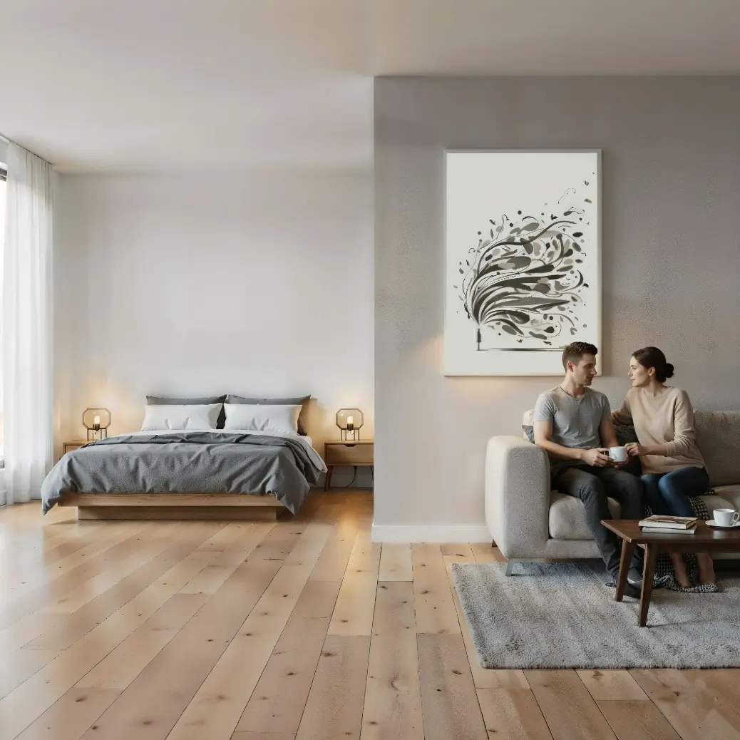 The &#34;Expansive Thoughts&#34; print framed in black, hanging above a modern beige sofa. The minimalist art&#39;s neutral tones perfectly complement the cozy, contemporary living room, acting as a serene focal point.