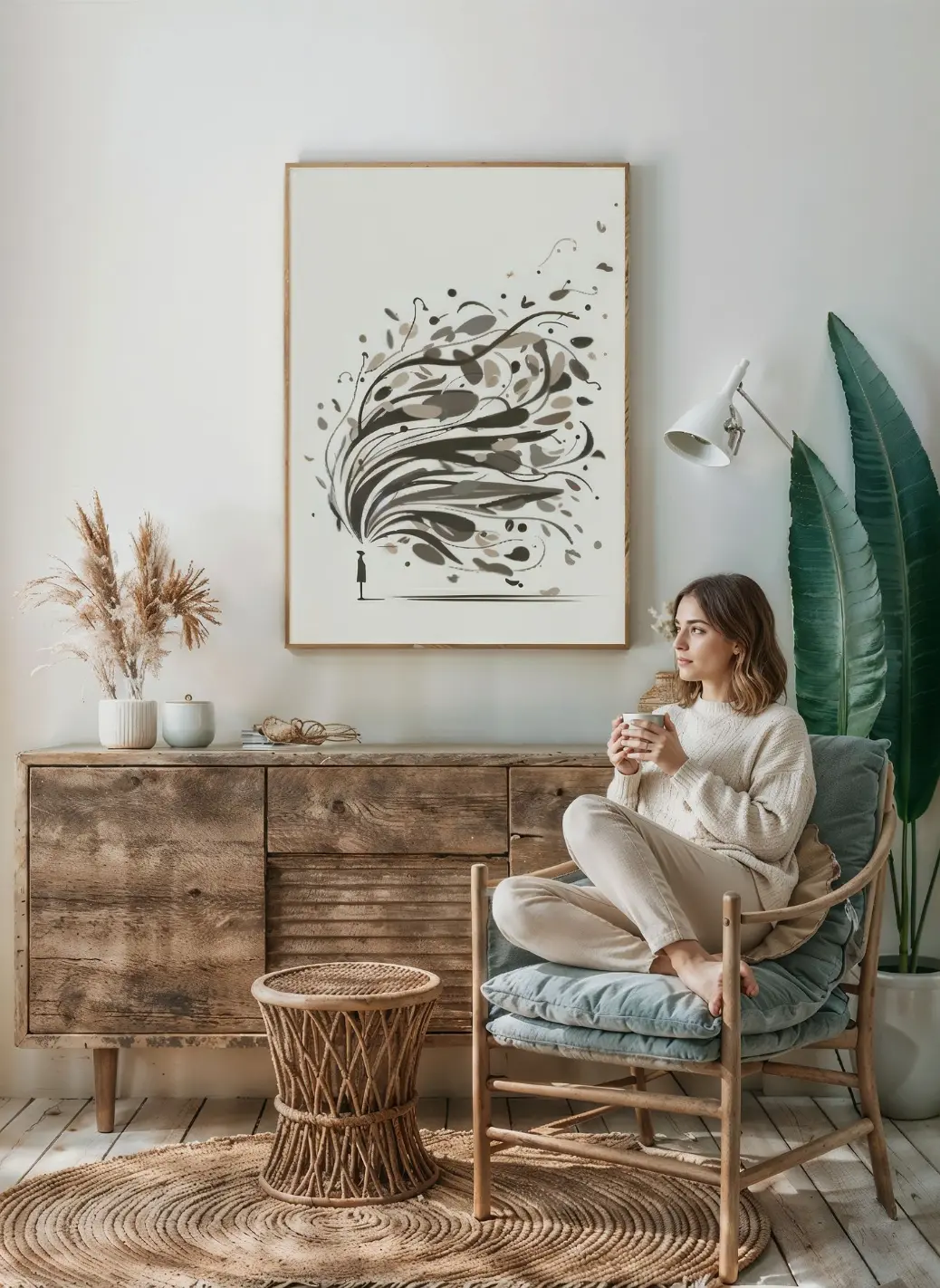 A vertical 12x18 inch frame of the &#34;Expansive Thoughts&#34; abstract art, placed on a clean white desk in a home office. The print&#39;s creative and inspiring design adds sophistication to the workspace.