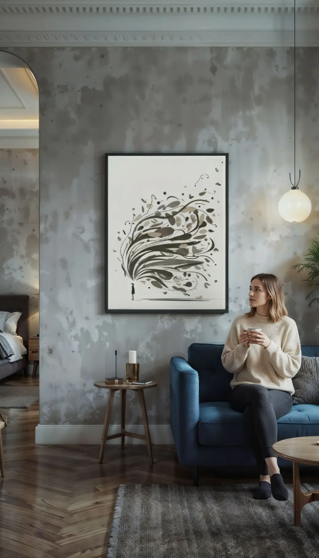 Expansive Thoughts&#34; print being placed into a large, 24x36 inch light wood frame, showing how the 2:3 aspect ratio file is versatile and ready for easy, large-format printing and framing.