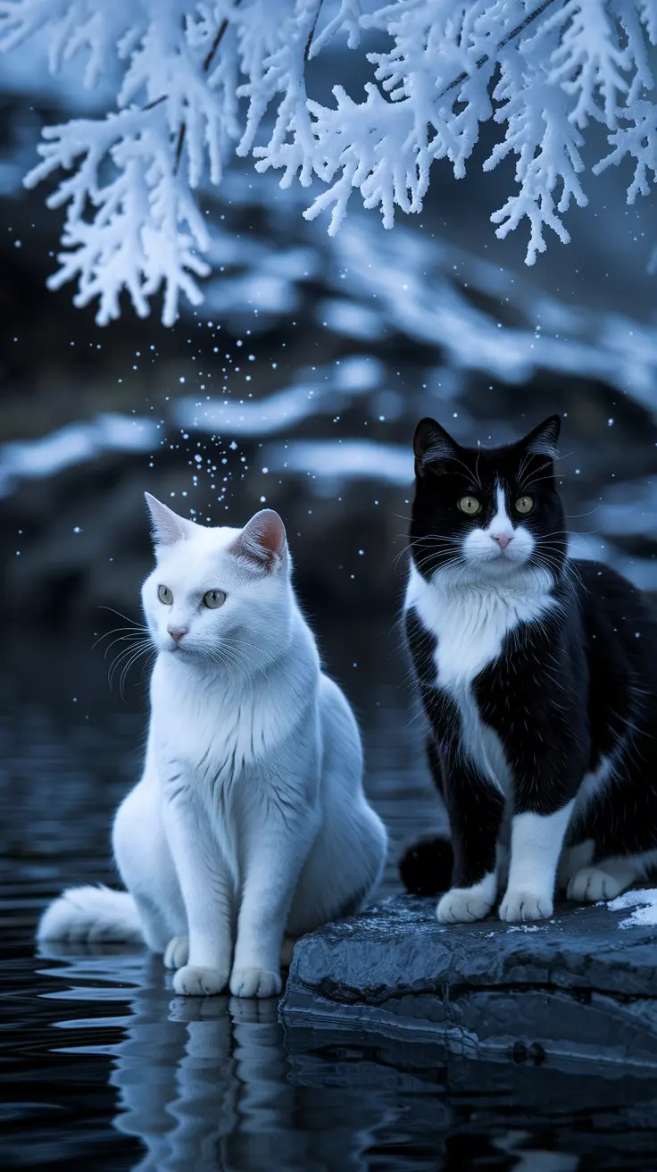 Two cats, one pure white and one black with a white chest, sit together on a snowy rock by a frozen lake. Snowflakes drift gently around them, creating a serene winter fantasy scene that symbolizes balance between light and shadow.