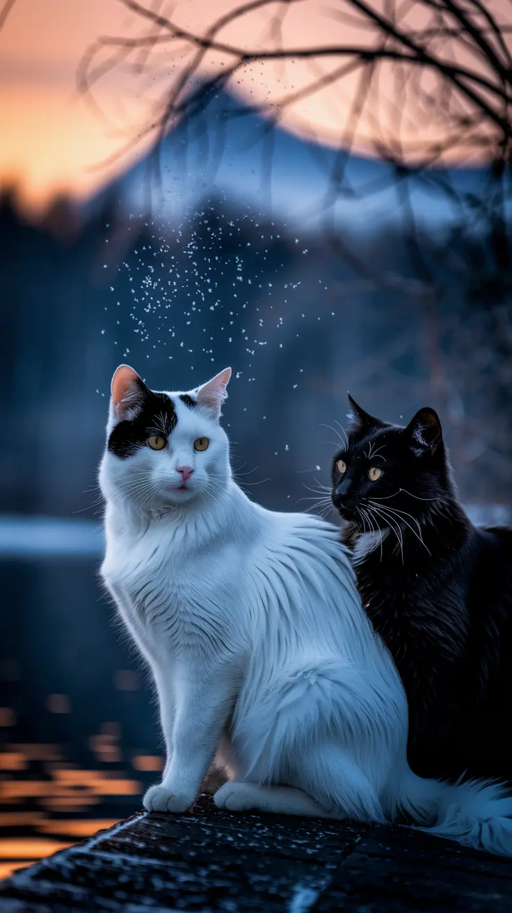 A white cat and a dark cat with golden eyes rest side by side near icy waters, framed by frost-covered branches. The tranquil winter setting evokes themes of guardianship, myth, and harmony in nature.