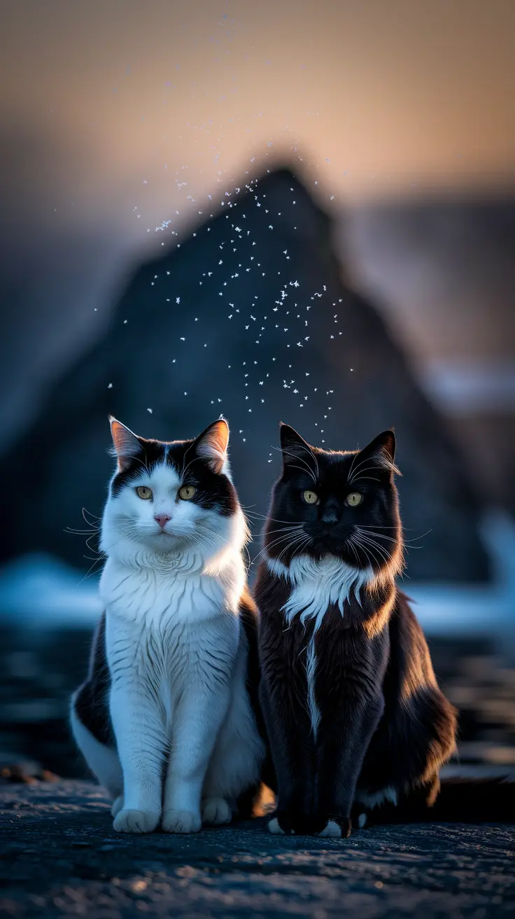 Two cats—one white as snow, the other dark with glowing eyes—watch over a frozen lake at twilight. Snow falls softly, and the scene feels magical, embodying fantasy storytelling and symbolic imagery.