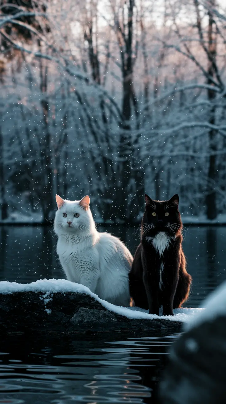 On a snowy evening, two cats sit quietly by a lake surrounded by bare winter trees. Their contrasting fur colors highlight themes of duality, guardianship, and timeless balance in a mystical, nature-inspired tale.
