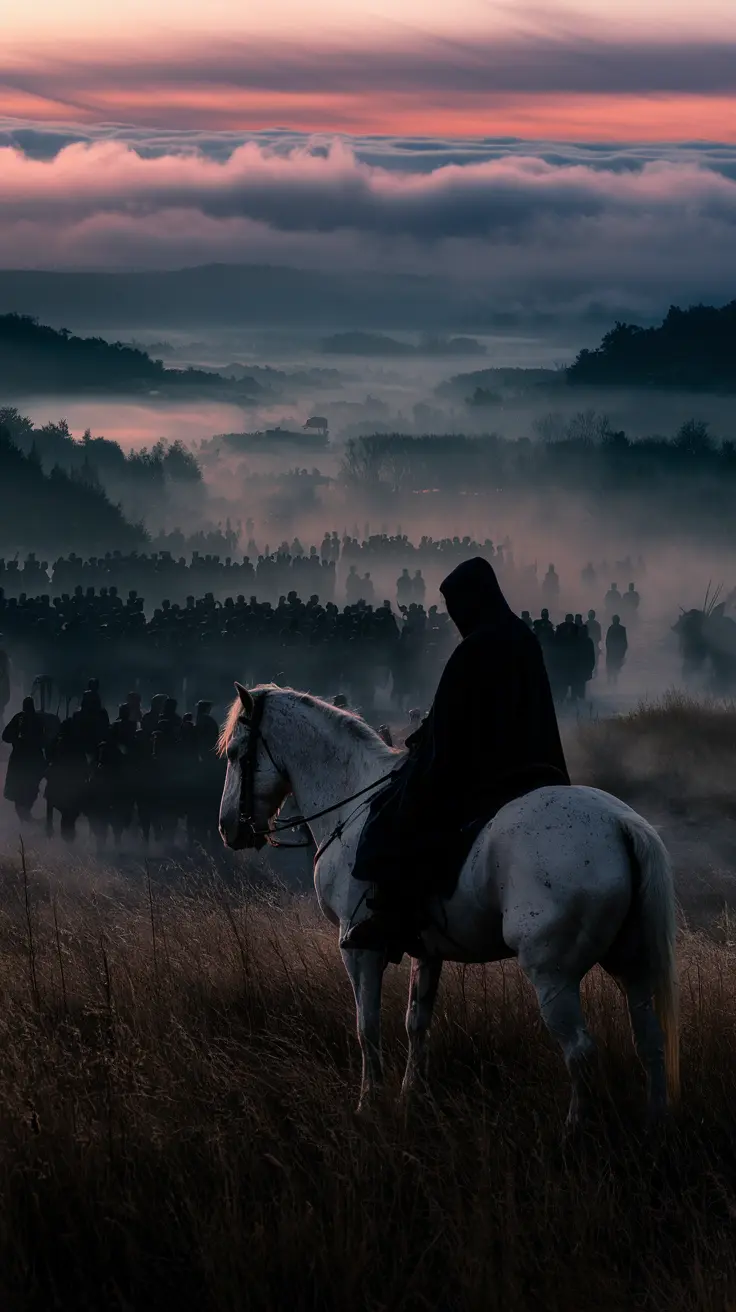 A cloaked rider on a white horse overlooks a mist‑covered valley at dawn, facing an army in formation. The cinematic fantasy scene captures themes of prophecy, war, and destiny with dramatic lighting and atmospheric tension.