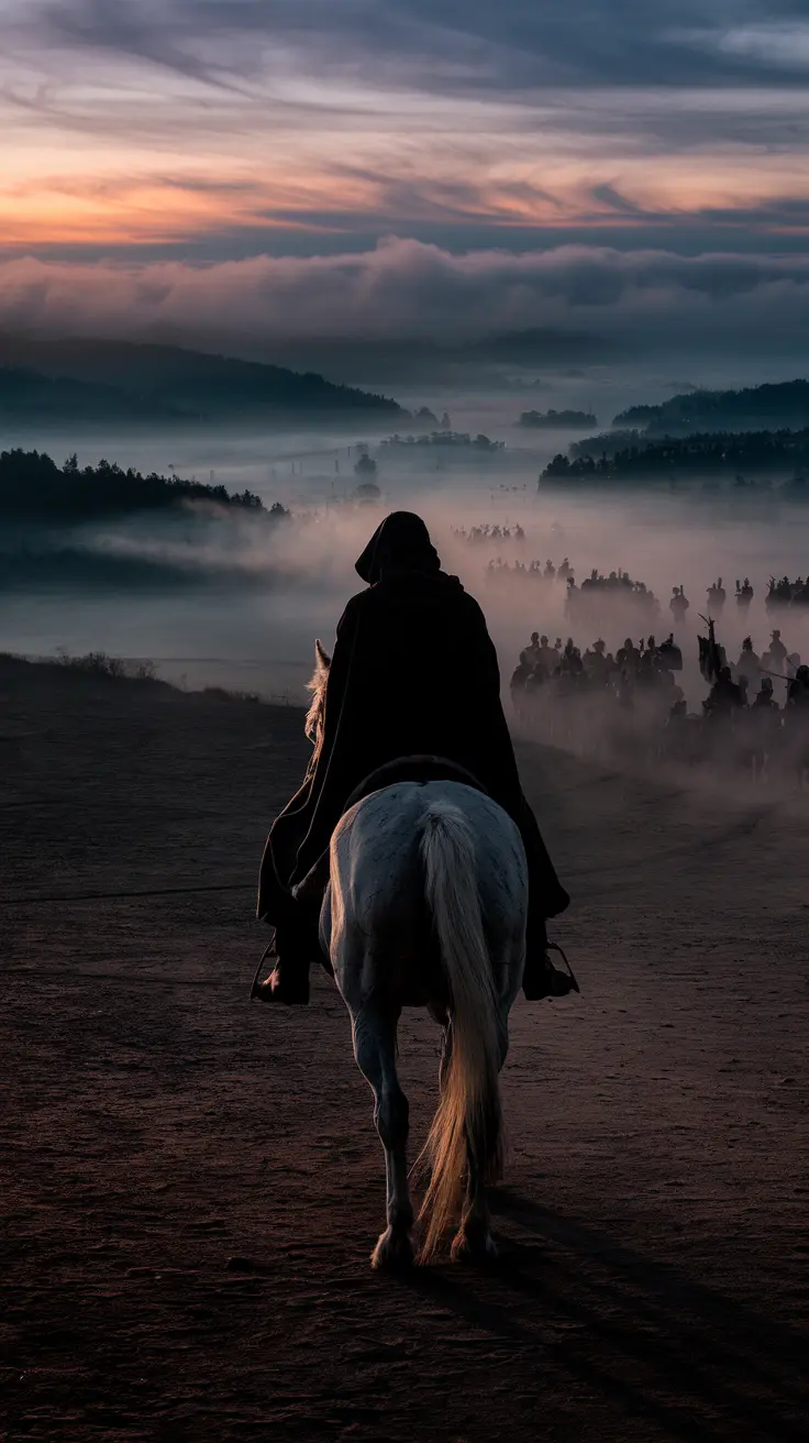 A hooded figure rides a white horse along a dirt path toward soldiers gathered in fog. The dawn sky glows with orange and pink hues, symbolizing the tension between war and peace in this epic fantasy narrative.