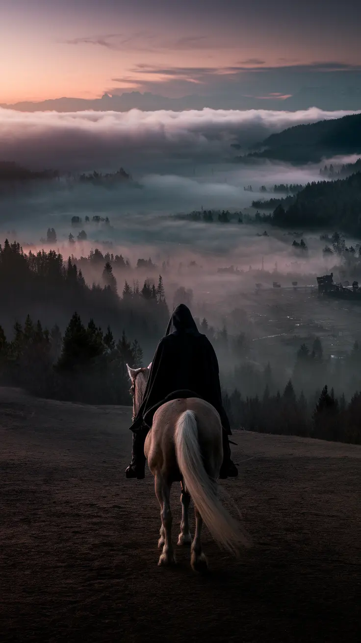 A lone rider on horseback descends into a misty valley filled with warriors. The dramatic composition, glowing horizon, and fog evoke themes of leadership, restraint, and mythic storytelling in a fantasy setting.