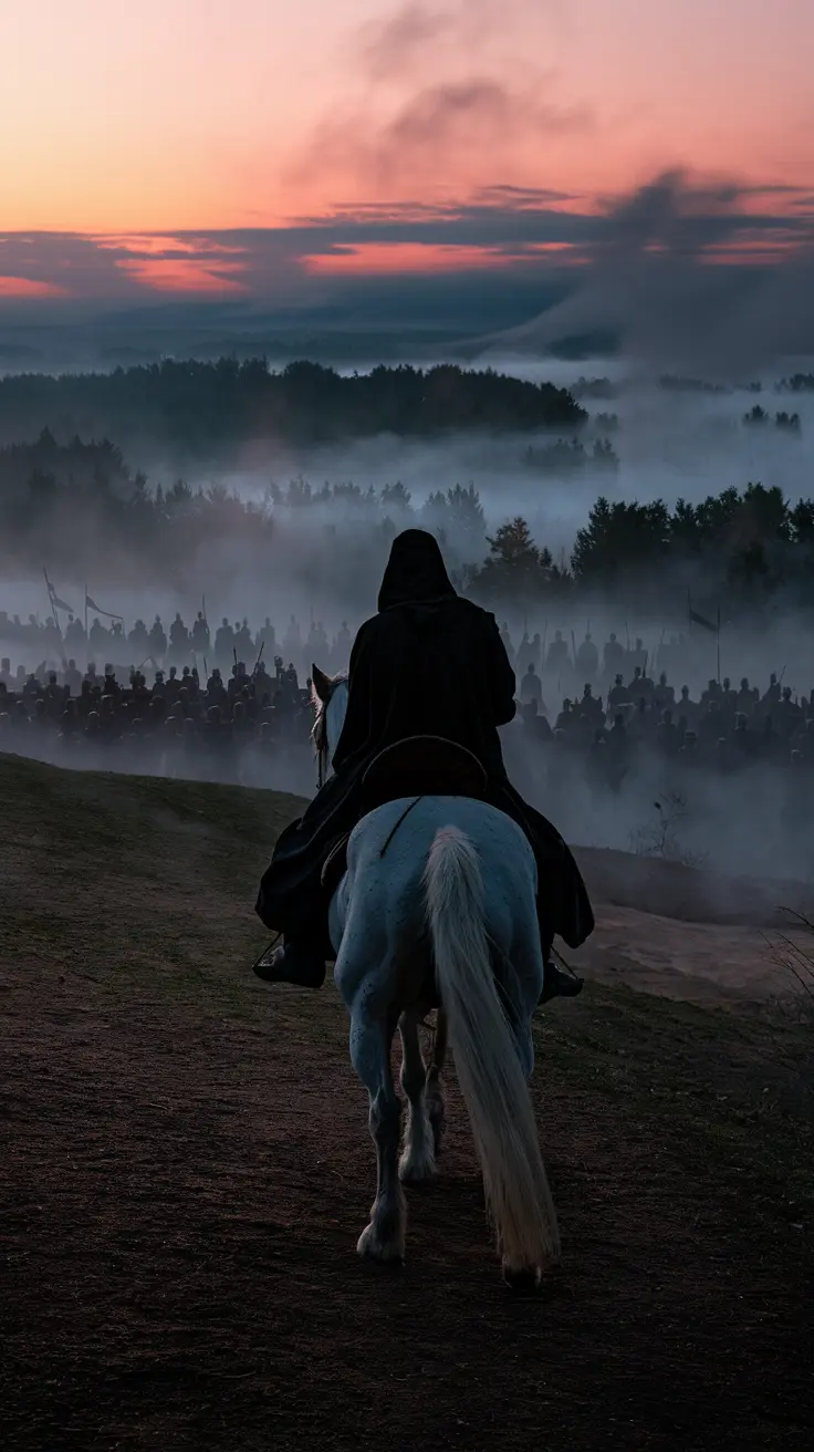 A white horse carries a cloaked figure through dawn mist toward banners and soldiers. The atmospheric fantasy artwork conveys anticipation, conflict, and the legend of a rider who chooses peace over battle.
