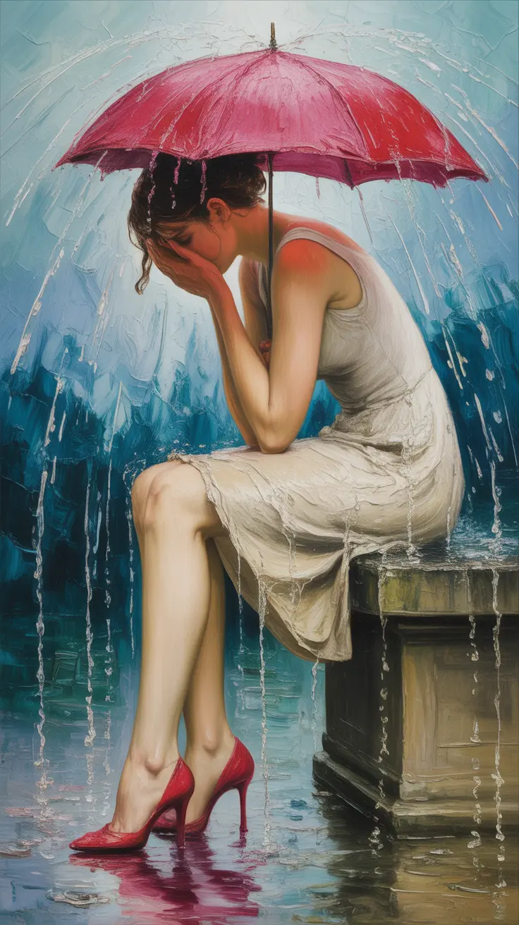 A woman in a soaked white dress sits on a stone ledge in the rain, holding a red umbrella. Her red heels shine against the stormy backdrop, symbolizing unspoken love and solitude in this emotional one-sided love story.