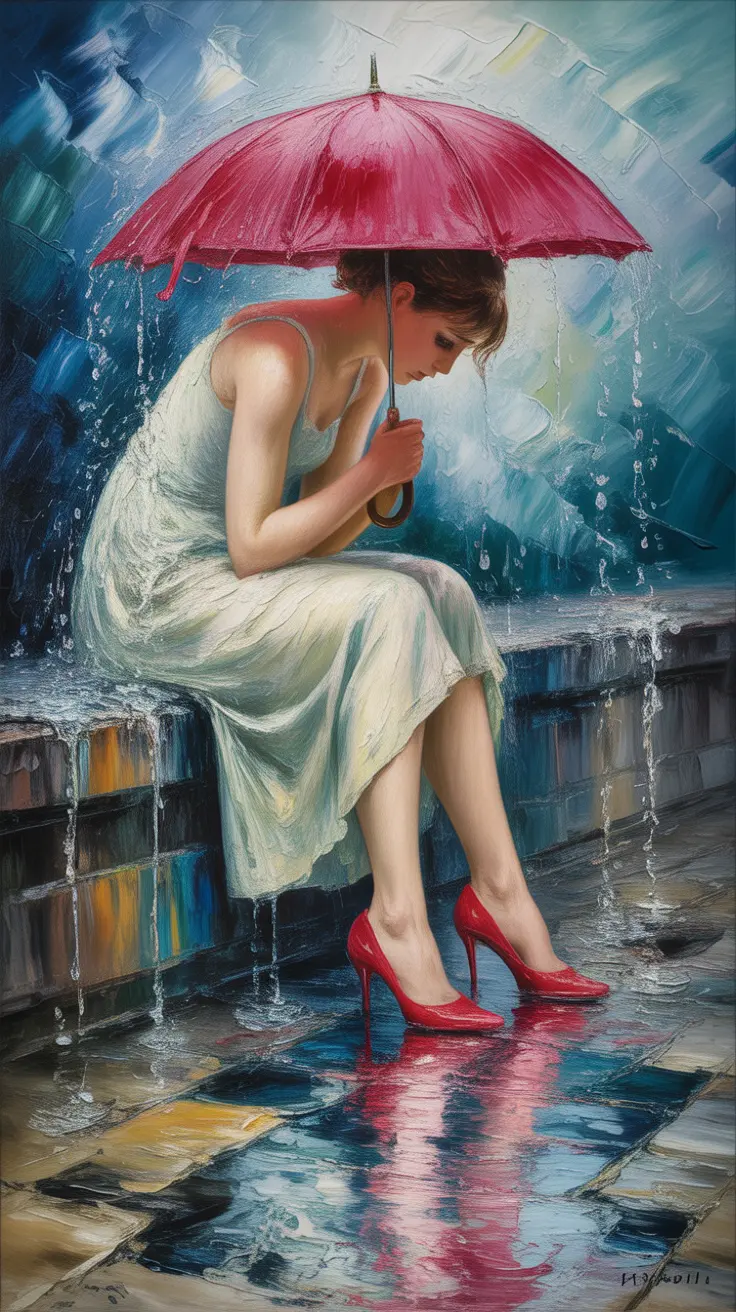 Rain cascades off a red umbrella as a woman bows her head, hands covering her face. Her soaked dress and red shoes contrast with the stormy blues, evoking sadness, longing, and the pain of unreturned love.