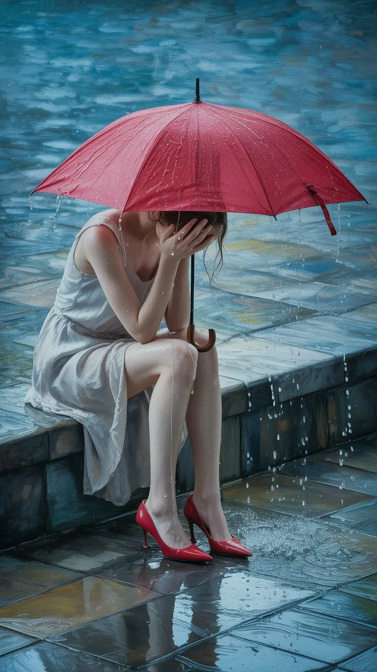 A contemplative figure sits alone in the rain, clutching a red umbrella. The vivid red contrasts with the muted storm, symbolizing passion, heartbreak, and the quiet endurance of a one-sided love story.