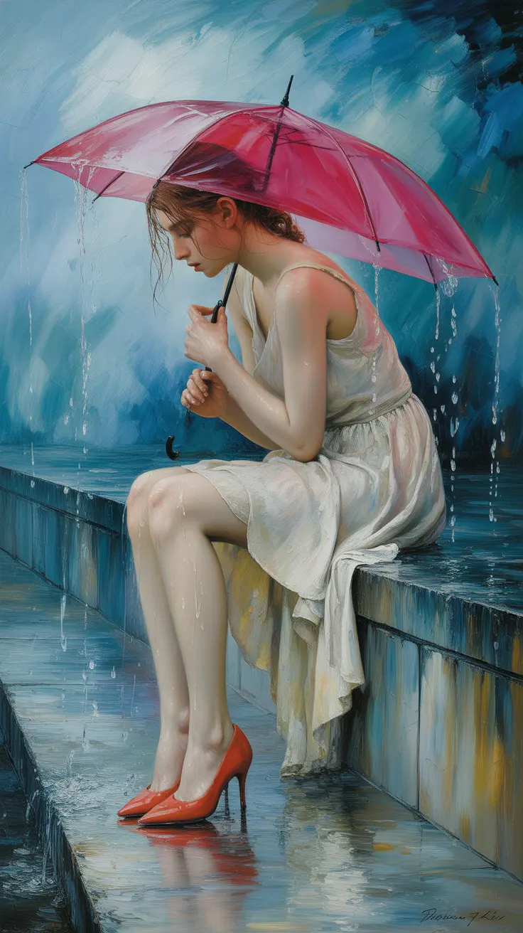 A woman sits drenched beneath a red umbrella, her reflection shimmering in rain-soaked stone. The scene captures solitude, melancholy, and the symbolic beauty of unspoken devotion in a cinematic love story.