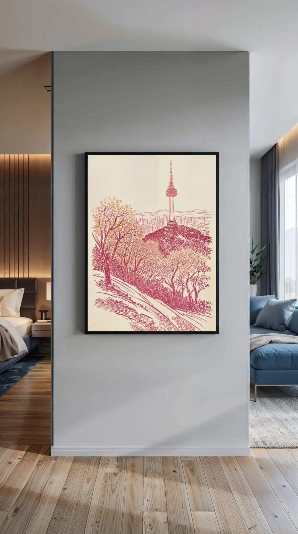 A detailed digital illustration of the N Seoul Tower in Seoul, South Korea. The art is in a two-tone red and gold palette, showing a scenic view from Namsan Park with the city skyline in the background.