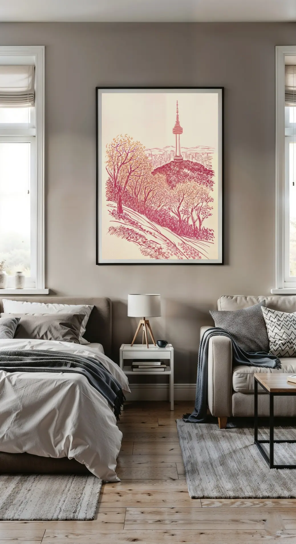 The N Seoul Tower art print framed in a simple black frame, hanging on a white wall above a wooden console table. The print&#39;s warm red and gold tones create an elegant and modern home decor accent
