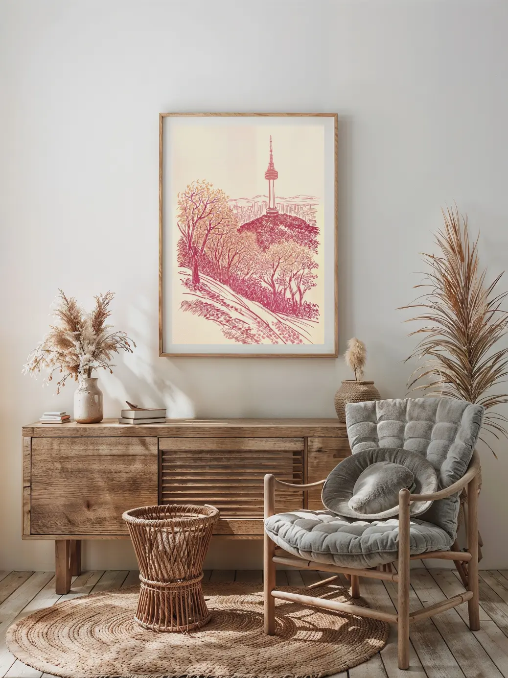 A close-up shot of the printed N Seoul Tower artwork, showing the crisp 300 DPI quality and sharp lines. The texture of the matte art paper is visible, highlighting the professional print.