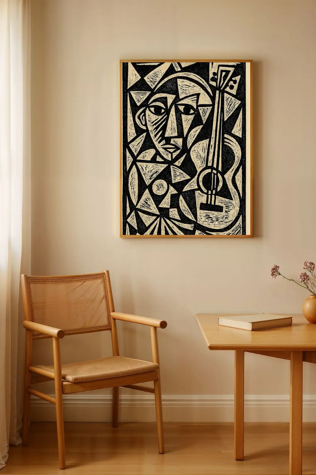 Alt Text: A full view of &#34;The Abstract Guitarist&#34; art print. This premium, black and white digital artwork features a cubist-style portrait of a person and a guitar, rendered in a sharp, textured, woodblock style.