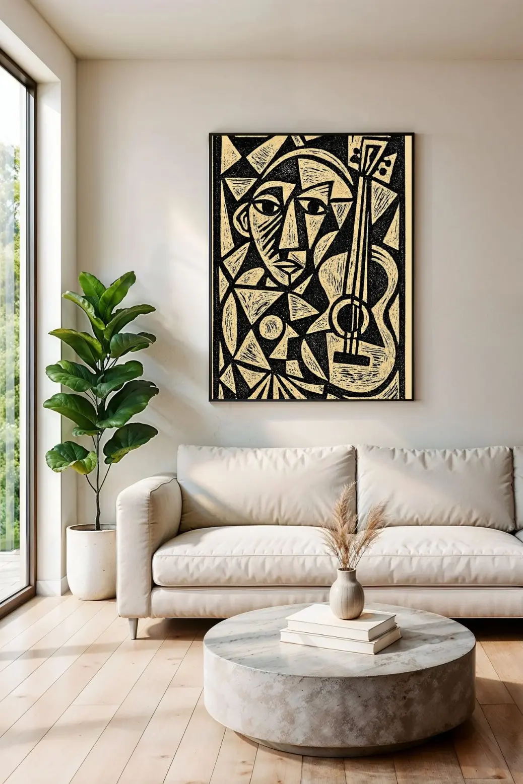 Alt Text: &#34;The Abstract Guitarist&#34; framed in black and hung as a large centerpiece above a modern, minimalist sofa. The premium art print adds a sophisticated, gallery-quality feel to the living room decor