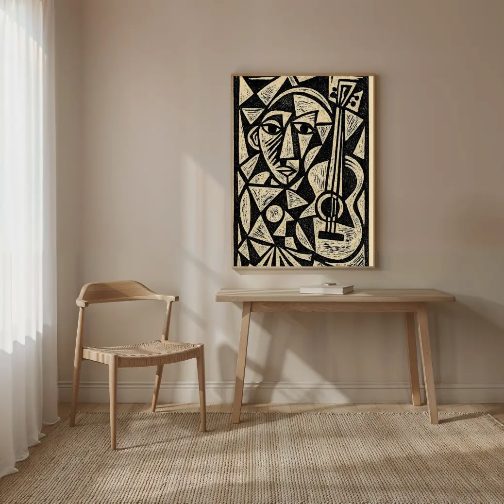 Alt Text: The vertical cubist print is framed and leaning on a wooden desk in a bright home office. The high-quality $50 print elevates the workspace, showing how digital art can look like luxury decor