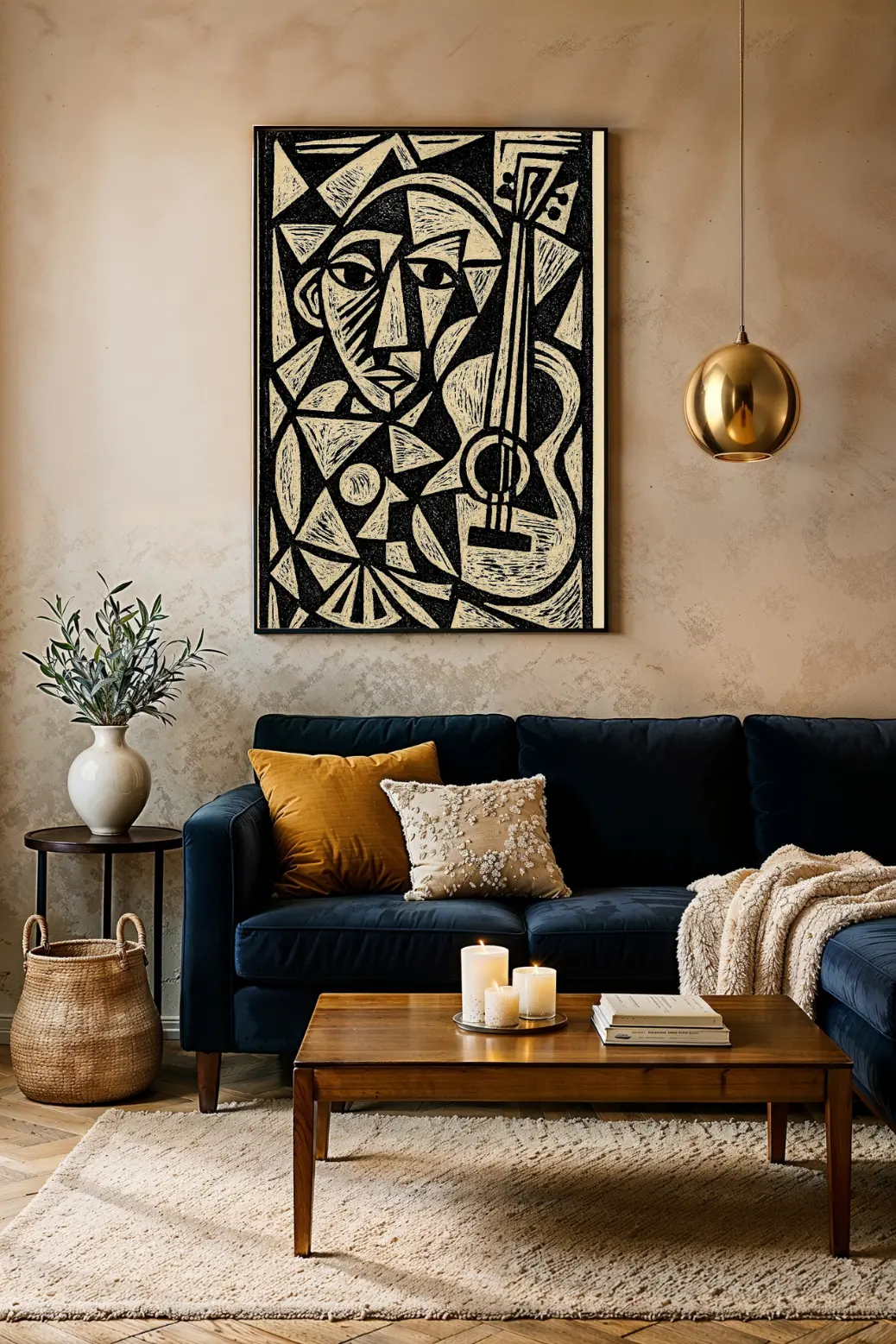 A close-up corner shot of &#34;The Abstract Guitarist&#34; print, showing the crisp 300 DPI quality. The sharp black lines and detailed textures are perfectly clear, proving the print&#39;s premium resolution.