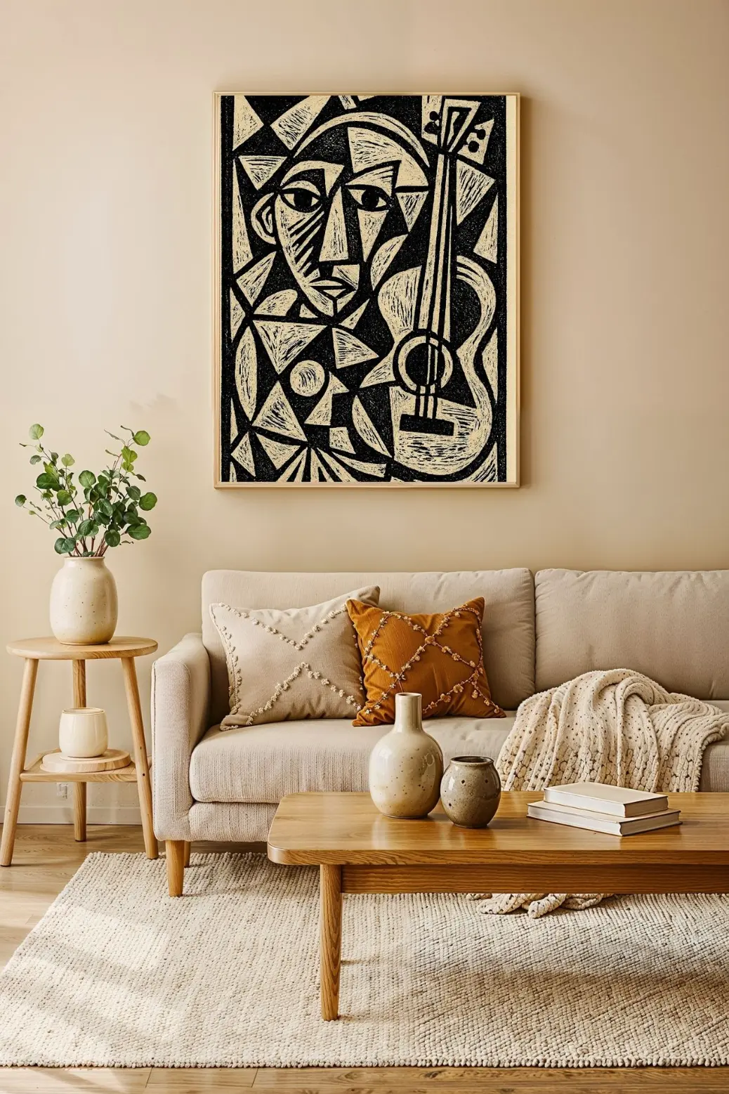 The Abstract Guitarist&#34; print shown as a smaller 12x18 inch piece, styled as part of a gallery wall. Its bold, modern design stands out as a high-end, eye-catching piece among other frames
