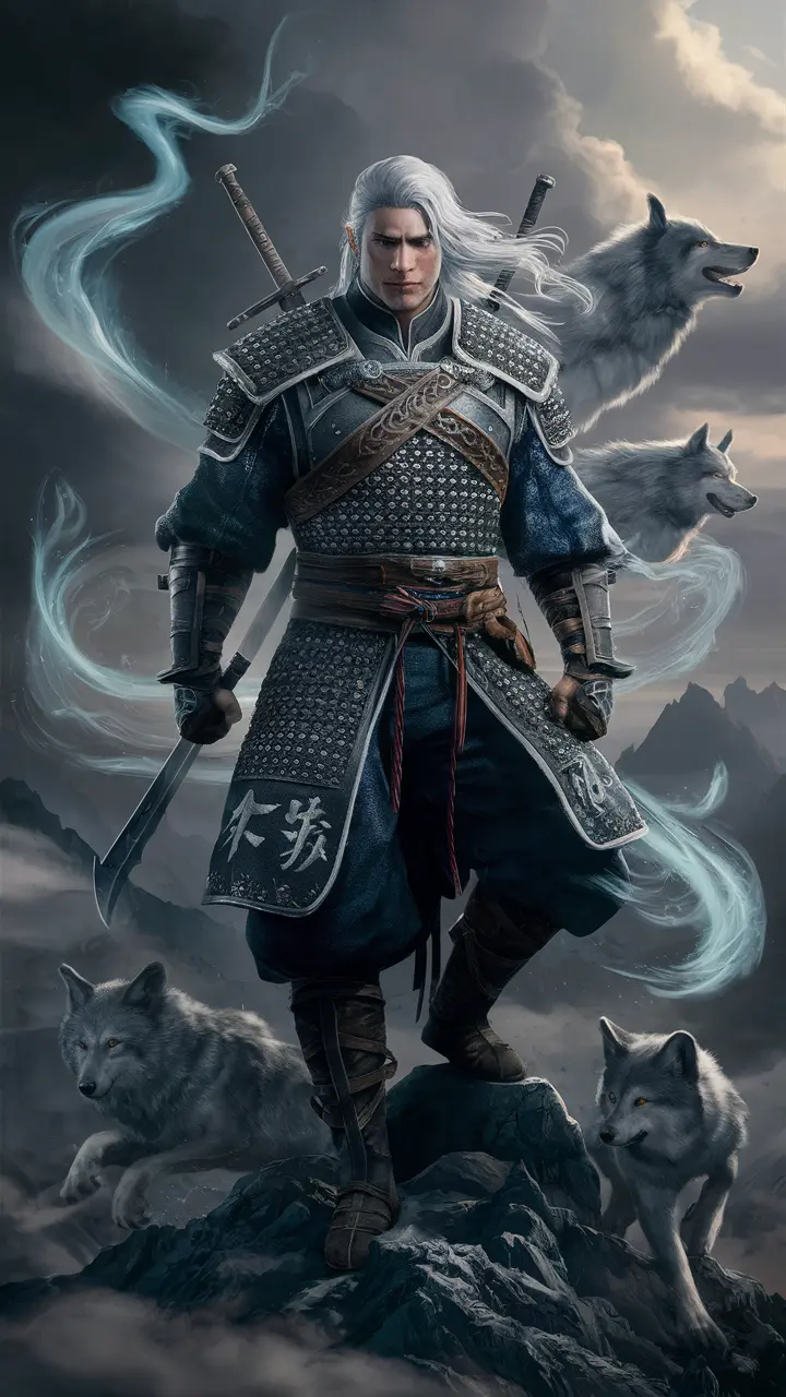 Fantasy warrior with glowing sword and wolves under moonlit sky   A white-haired warrior stands on a mountain peak, glowing sword in hand, surrounded by wolves and swirling mystical energy. The dramatic moonlit sky enhances the epic and spiritual tone.  