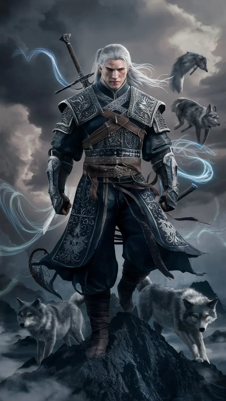 Epic fantasy warrior and wolves defending nature’s balance   The Wolfbound Warrior stands resolute against invading soldiers, his living and spirit wolves forming a circle of guardians. The stormy sky and glowing energy symbolize resilience and defiance.