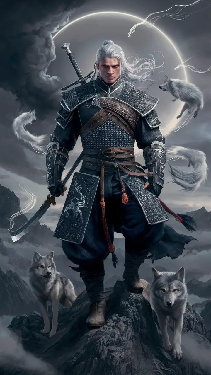 Wolfbound warrior with spectral guardians in battle   Kaelion, clad in ornate armor, raises his blade as spectral wolves leap through fire and shadow. The scene captures loyalty, ferocity, wisdom, and sacrifice in a cinematic fantasy battle.  