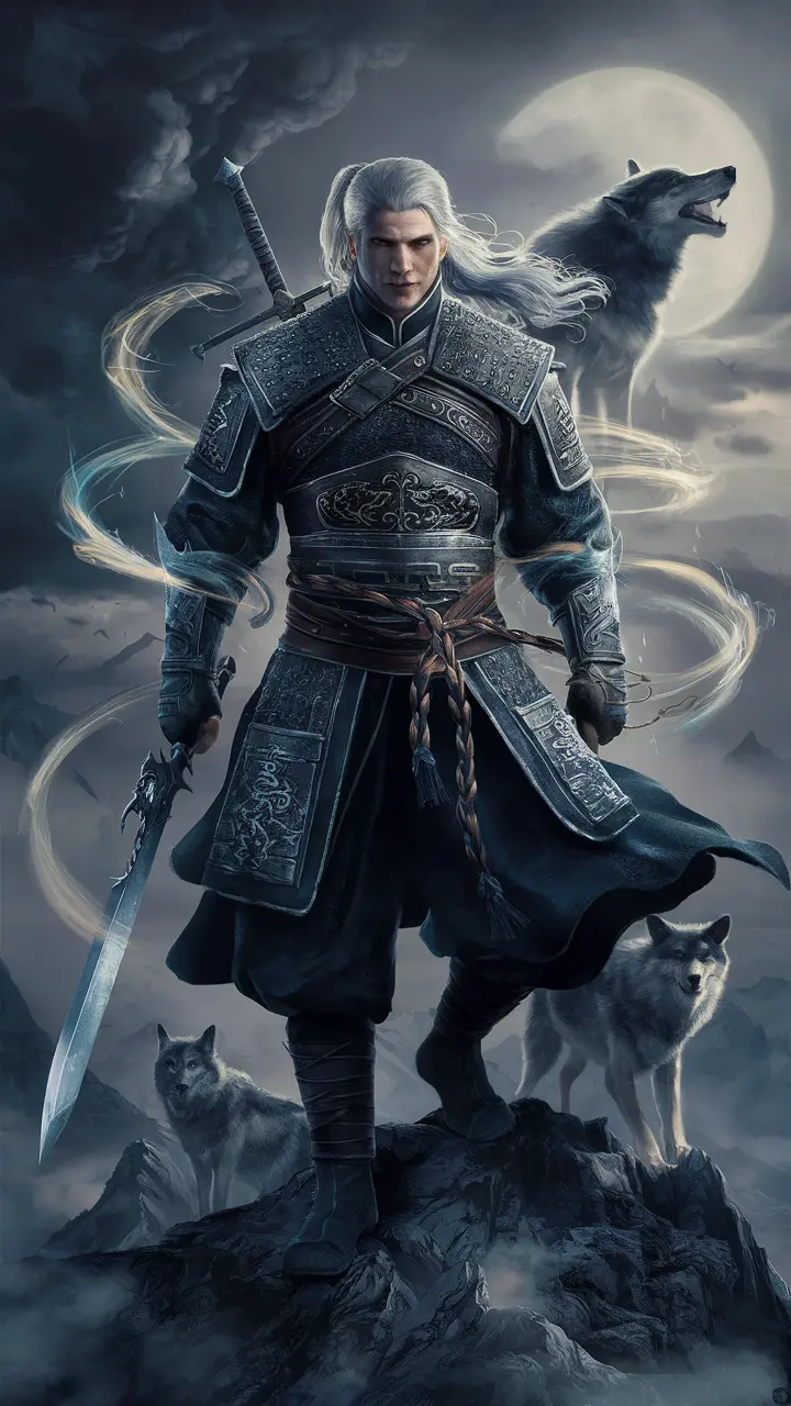 Moonlit warrior legend with wolves and mystical energy   A lone warrior with flowing white hair channels ethereal power as wolves howl at the full moon. The misty mountains and glowing aura create a timeless, mythic atmosphere.  