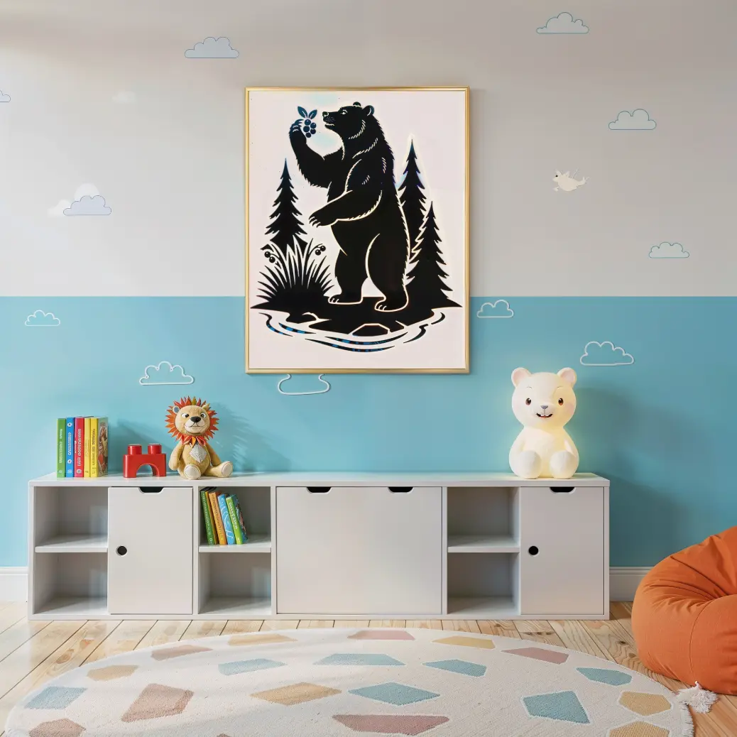 Alt Text: A minimalist black silhouette of a standing bear holding berries. The bear is surrounded by two pine trees and standing on reflective water, all in a clean graphic style on a plain background. This is the $5 digital art print reviewed in the post.