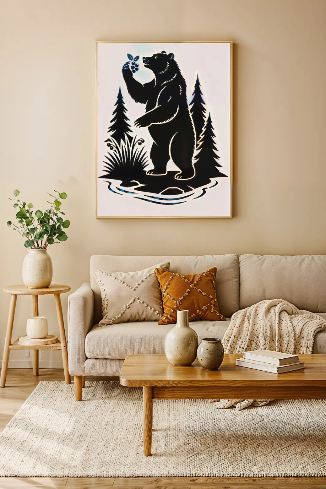 Alt Text: The &#34;after&#34; shot: the black bear silhouette is now in a simple black frame, hanging on the wall. It looks stylish and complete, having cured the &#34;blank wall&#34; problem mentioned in the blog.