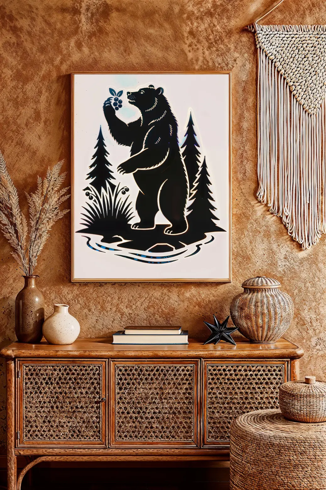 A close-up shot of the printed bear silhouette art. The camera focuses on the edge of the bear&#39;s outline, showing the crisp, sharp 300 DPI quality and deep black ink on matte paper, proving its high resolution.