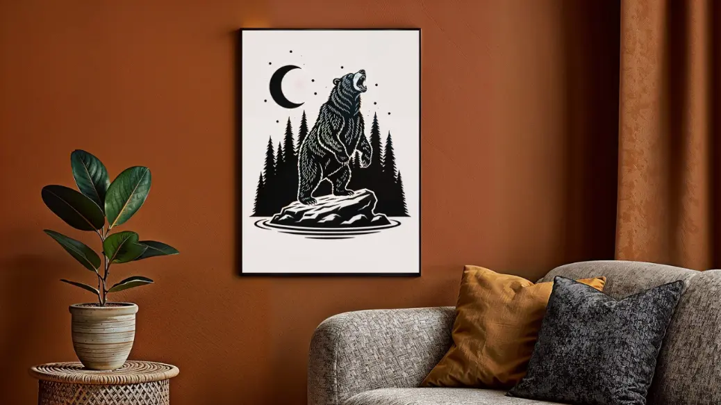 The black and white bear art print shown in a home office setting, hanging above a wooden desk. This versatile digital download provides a powerful and inspiring backdrop, fitting perfectly with rustic or minimalist office decor. The instant download file is 300 DPI.