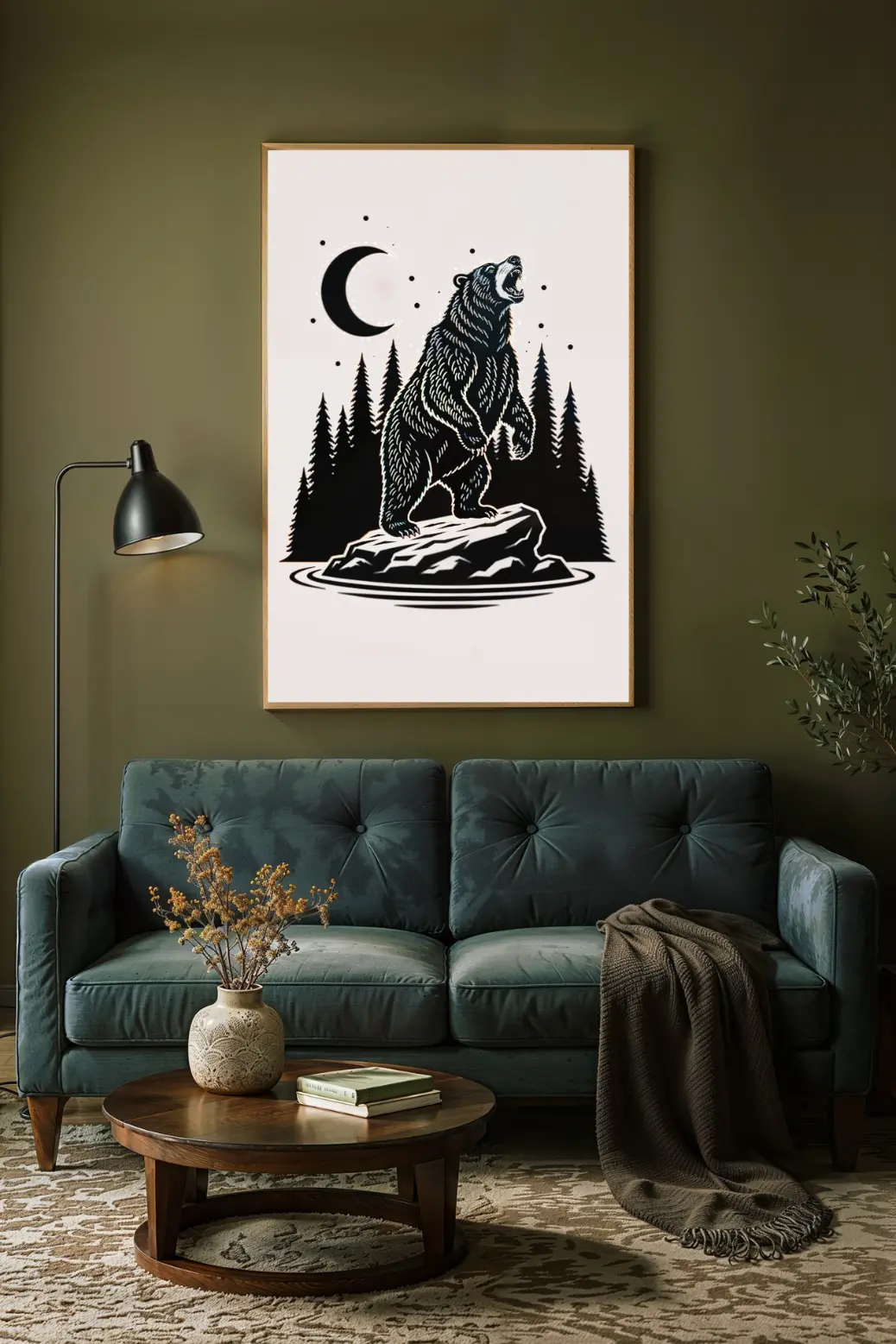 A medium-sized print of the roaring bear and moon art hung above a bed with neutral-colored linens. This black and white print adds a serene yet powerful natural element to the bedroom, making it a great choice for rustic or woodland-themed decor.