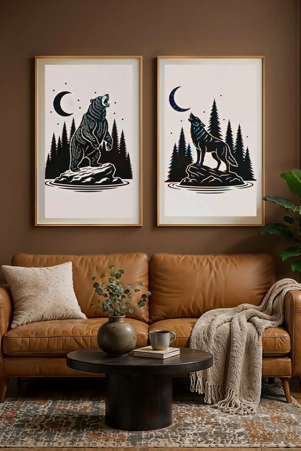 Our minimalist roaring bear print framed in black and hung above a modern gray sofa in a well-lit living room. This image shows how the 2:3 ratio print can be a perfect large-scale centerpiece, adding a touch of wildlife and nature to a cozy, modern space.