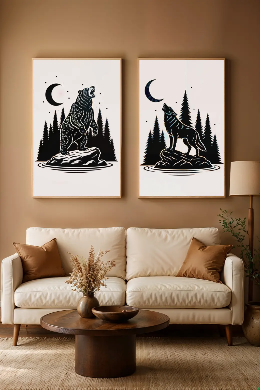 The roaring bear art print shown in its ideal setting: a rustic cabin. The black and white design stands out beautifully against a natural wood wall, perfectly complementing the cozy, woodland, and natural decor. This is an instant digital download.
