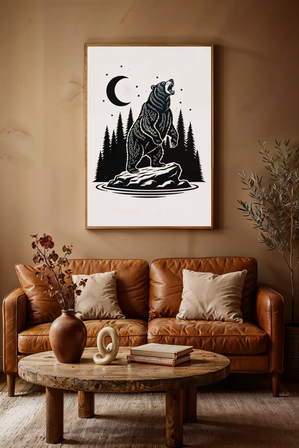 A close-up detail shot of the minimalist bear art, showing the high-quality 300 DPI resolution. The clean lines of the bear&#39;s fur, the rock, and the crescent moon are sharp and clear, highlighting the professional quality of this printable digital download.