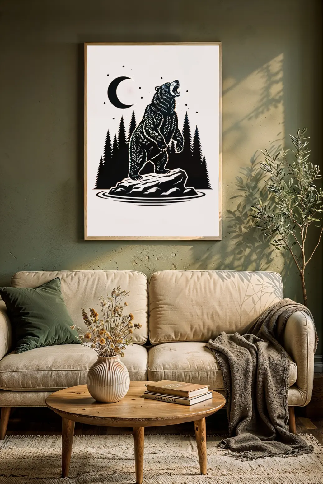 The 8x12 inch version of the minimalist bear print shown as part of a gallery wall with other nature-themed photos. This image demonstrates the versatility of the digital download, which includes multiple 2:3 ratio sizes to fit any space or arrangement.