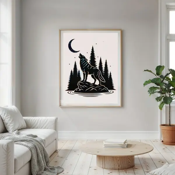 The howling wolf art print shown in a rustic cabin interior. The black and white design stands out beautifully against a natural wood-paneled wall, perfectly complementing the cozy, woodland decor. This is an instant digital download available for $5.