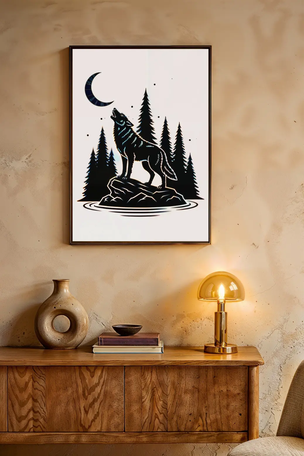 A powerful black and white minimalist art print of a wolf standing on a rocky ledge. The wolf is howling up at a stylized crescent moon, with a forest of pine tree silhouettes behind it. This 300 DPI digital download is perfect for rustic or modern decor.