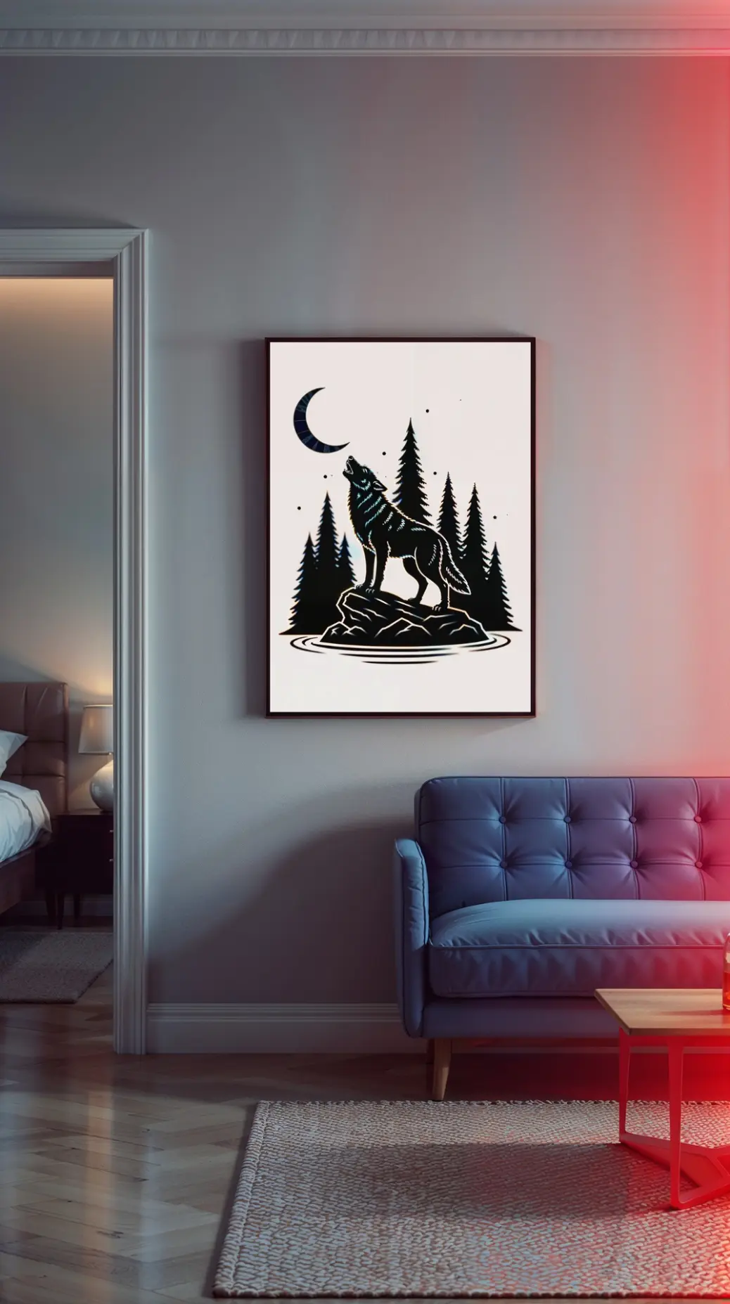 Our minimalist howling wolf print framed in black and hung above a sleek, modern leather sofa. This image shows how the 2:3 ratio print can be a dramatic large-scale centerpiece, adding a touch of sophisticated wilderness to a contemporary living room.