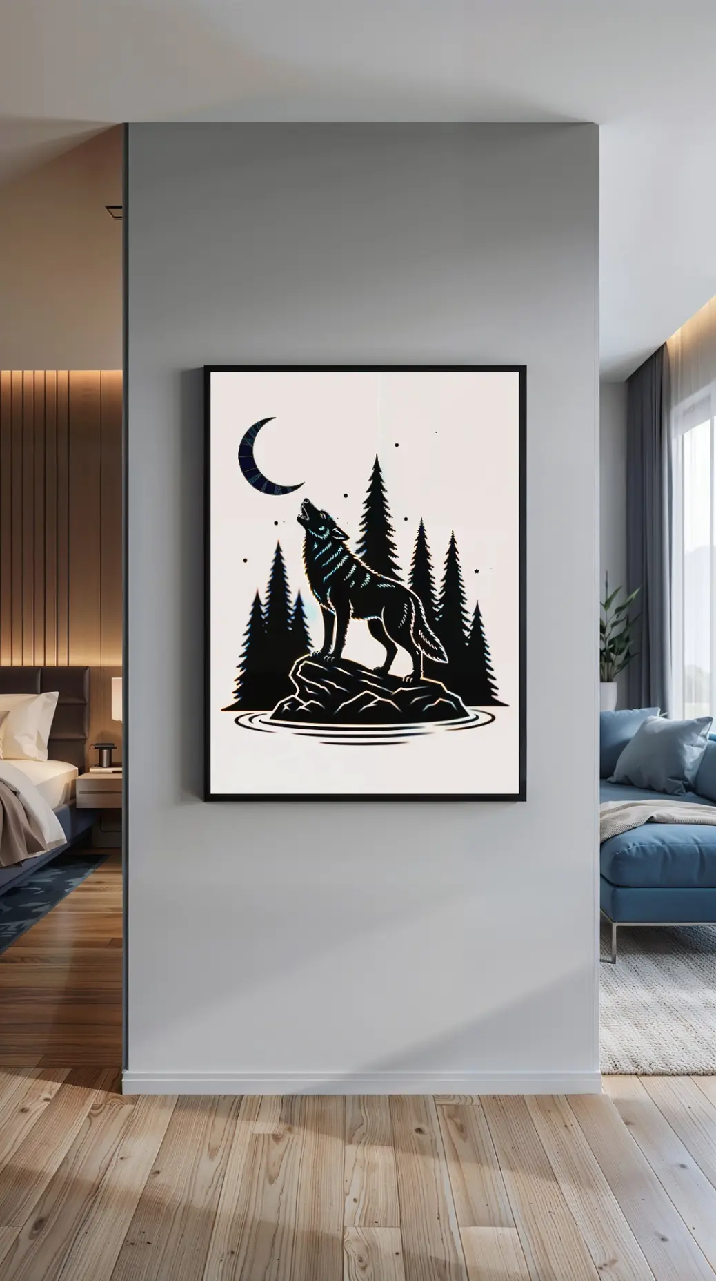 The black and white wolf art print shown in a home office setting, providing a powerful backdrop behind a desk. This versatile digital download fits perfectly with rustic or minimalist office decor, adding a feeling of focus and untamed nature to the workspace.