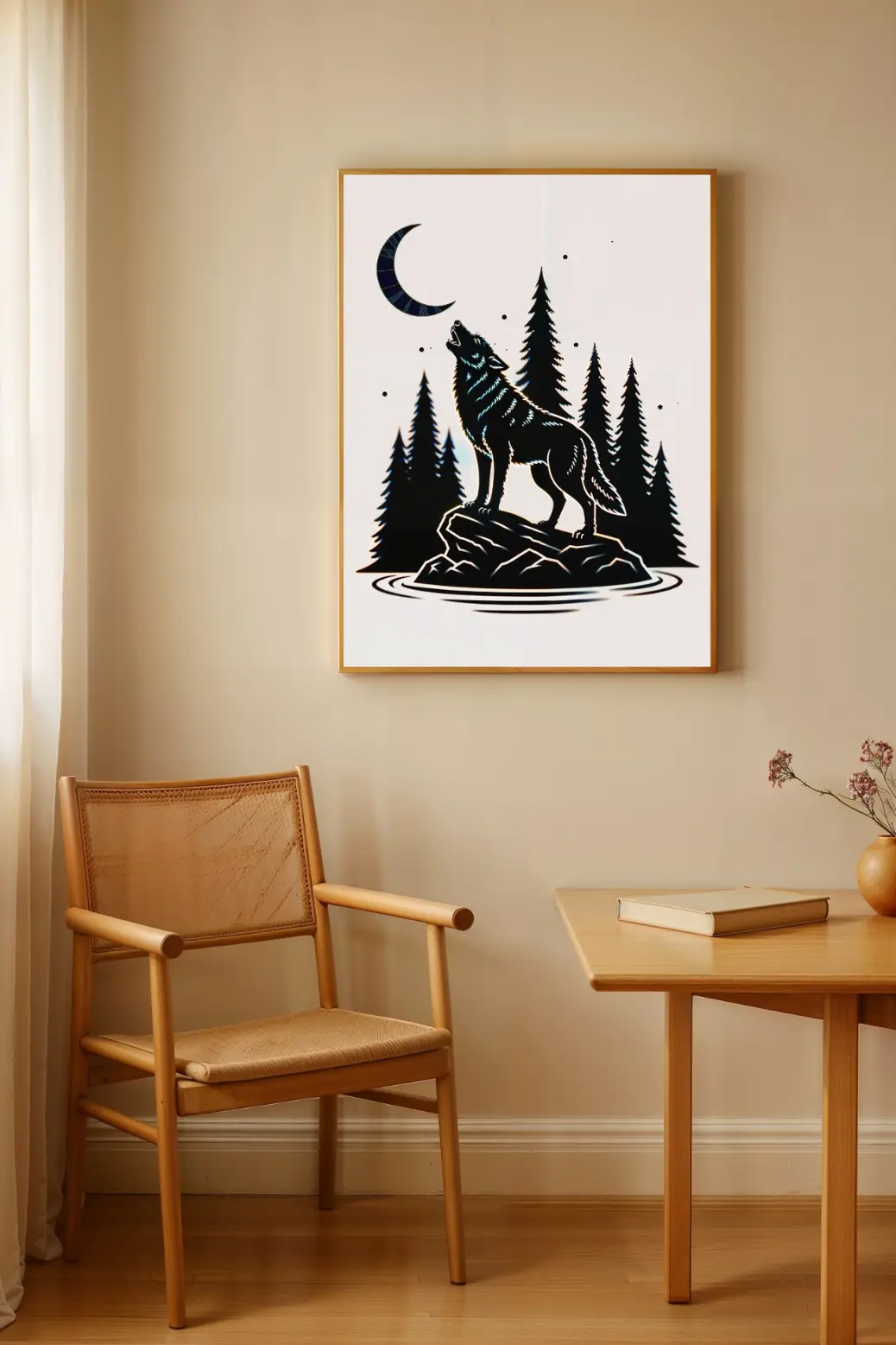A medium-sized print of the howling wolf and moon art hung above a bed with dark, cozy linens. This black and white print adds a serene yet strong natural element to the bedroom, making it a great choice for rustic, cabin, or woodland-themed decor.
