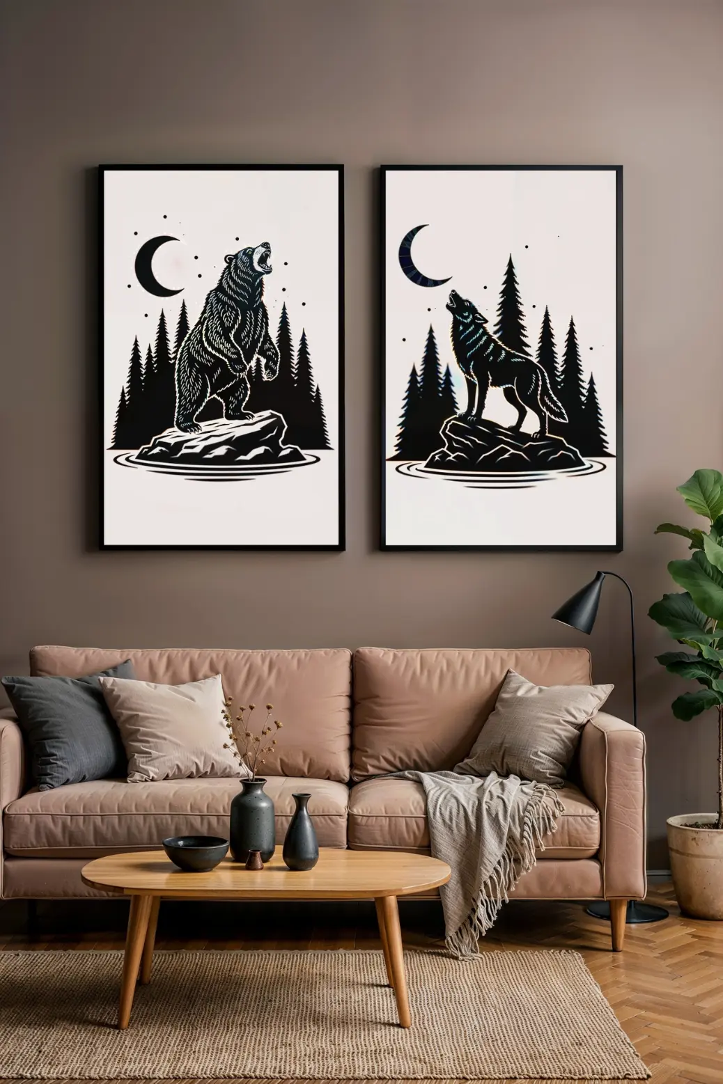 A minimalist bear and wolf art print set, framed in light wood and hung as a diptych above a beige sofa. The black and white designs stand out against the dark, olive-green wall, creating a sophisticated, nature-inspired focal point in this modern living room.