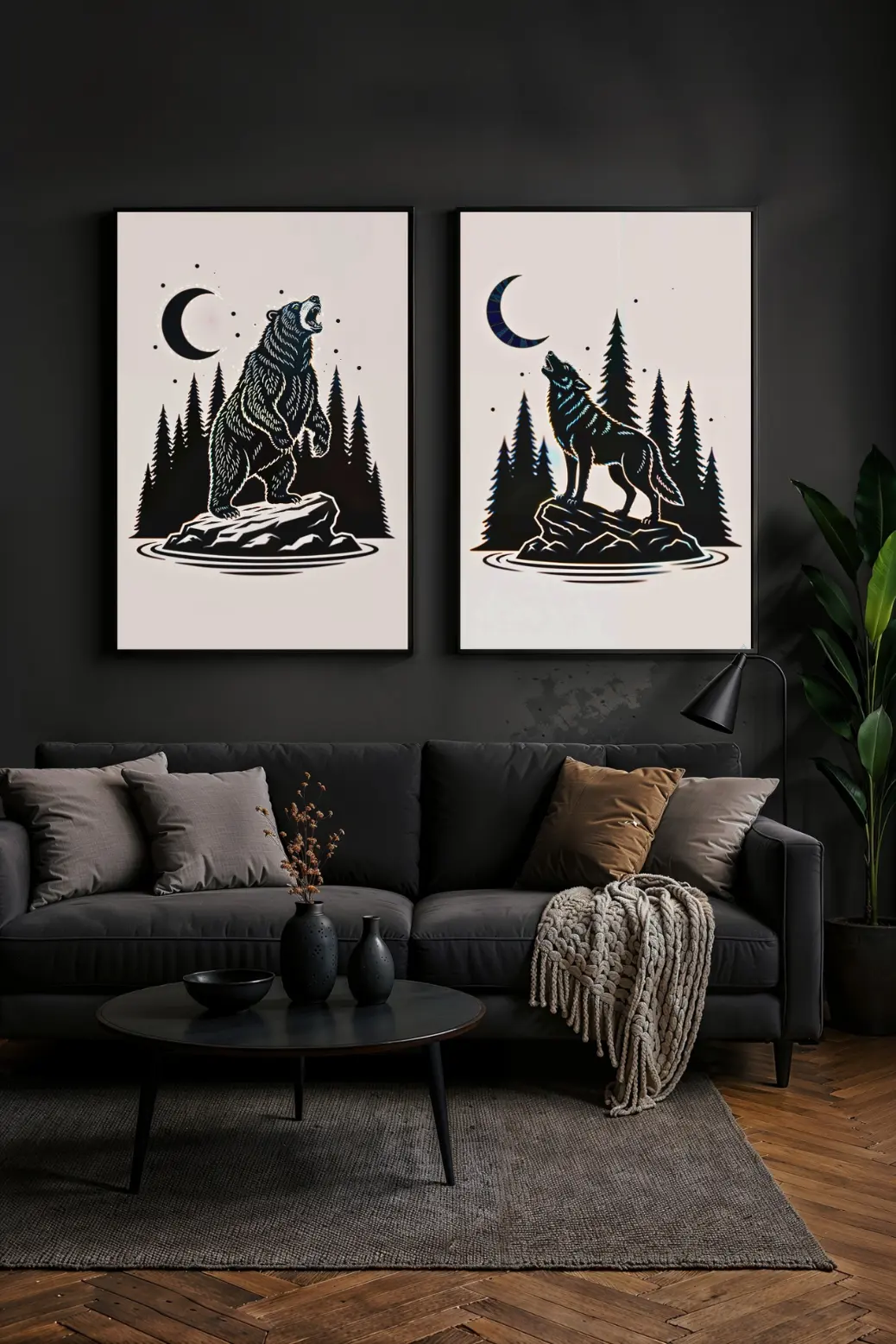 The perfect pair of minimalist wolf and bear prints, shown as a matching set on a light beige wall over a white couch. This image shows how the black and white art creates a powerful, modern, and rustic statement in a bright and airy living room.
