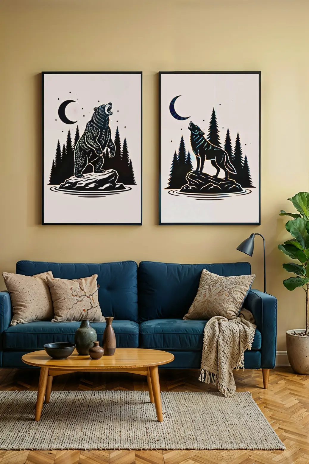 A close-up of the &#39;Midnight Roar&#39; minimalist bear art print, which is part of a matching set. A black and white bear stands on a rock roaring at a crescent moon, with a forest of pine tree silhouettes. This is a 300 DPI high-resolution PNG digital download.