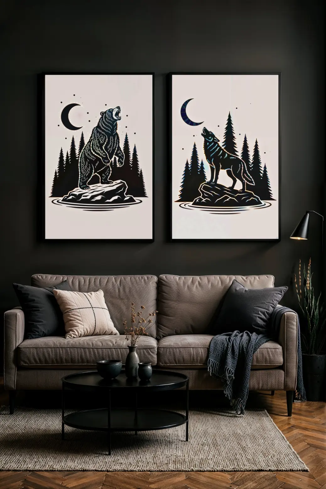 A close-up of the &#39;Lunar Howl&#39; minimalist wolf art print, designed to be paired with the bear art. A black and white wolf stands on a rock howling at a crescent moon, with a matching pine forest. This is the 300 DPI high-resolution PNG digital download.